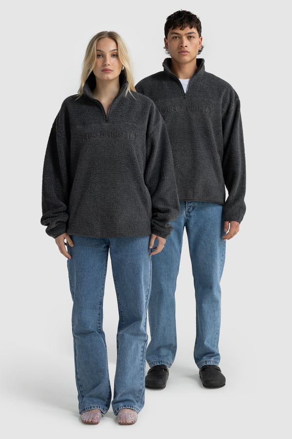 Unisex Sherpa Fleece Logo Quarter Zip Charcoal