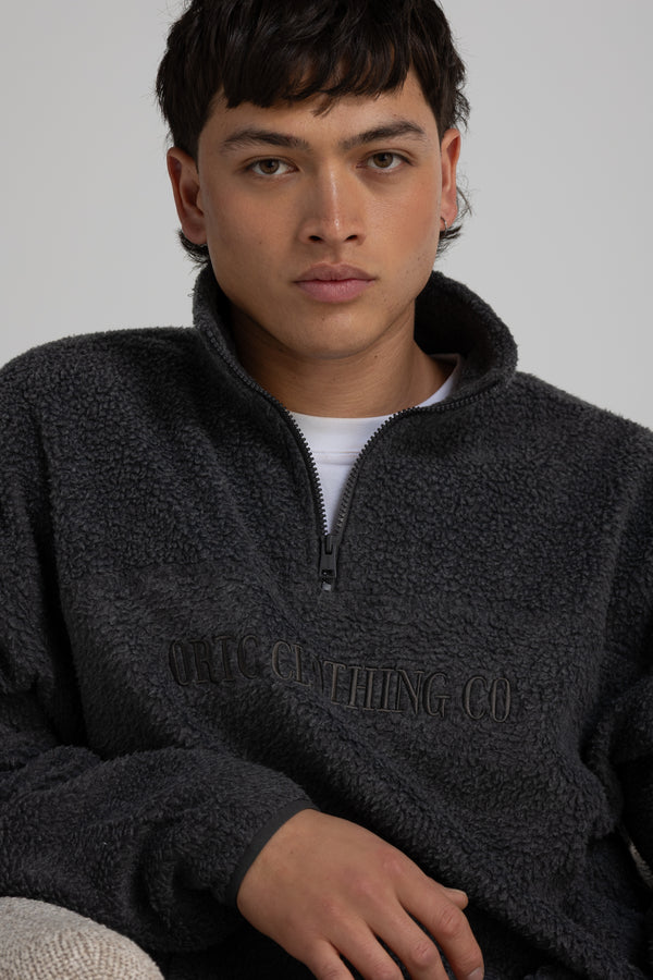 Unisex Sherpa Fleece Logo Quarter Zip Charcoal