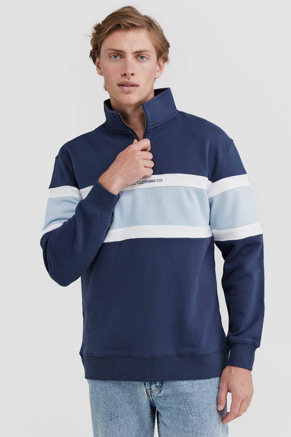 Triple Panel Quarter Zip Navy and Pale Blue